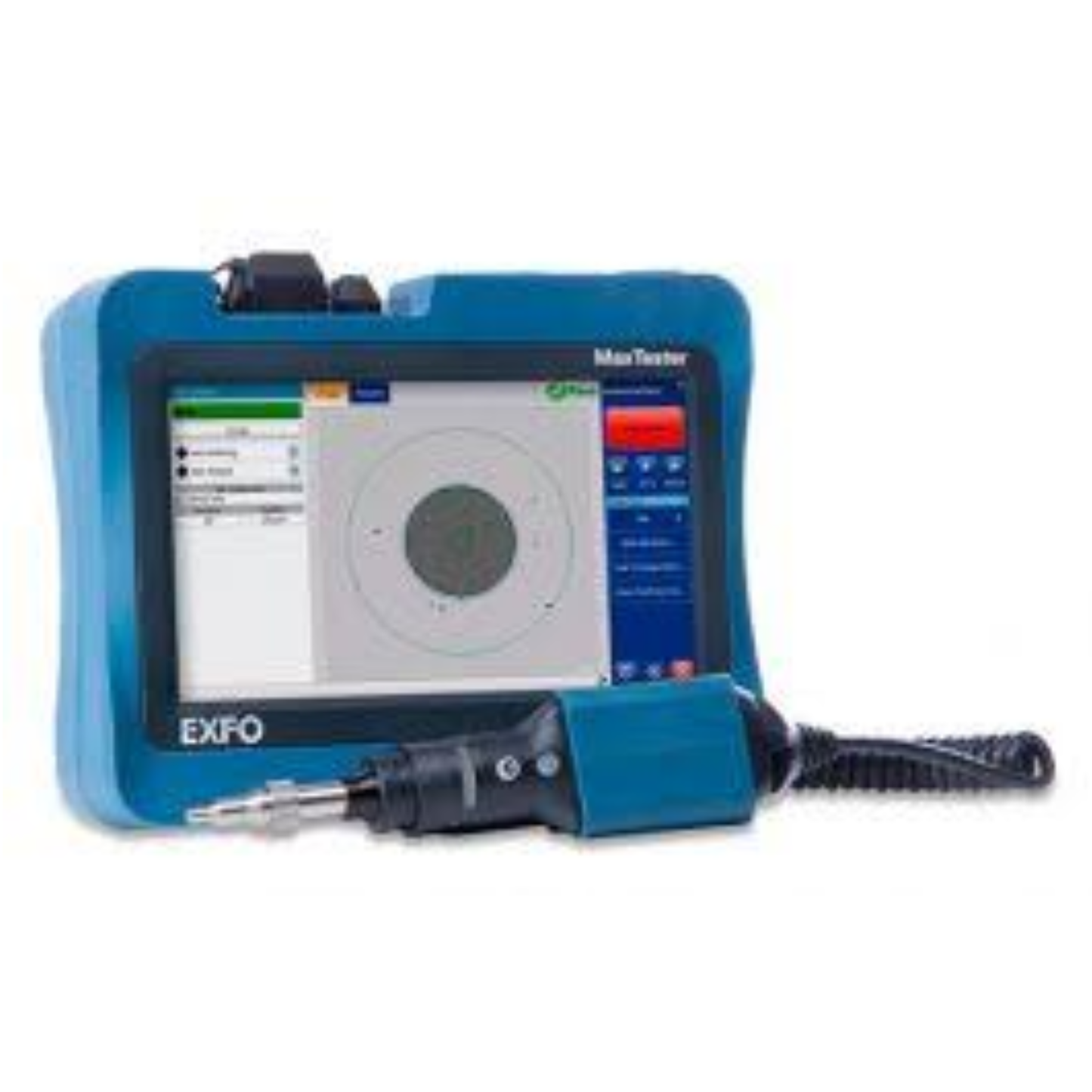 EXFO MaxTester MAX-FIP platform combined with FIP-430B fiber inspection probe for accurate fiber optic inspection, testing, and network diagnostics.