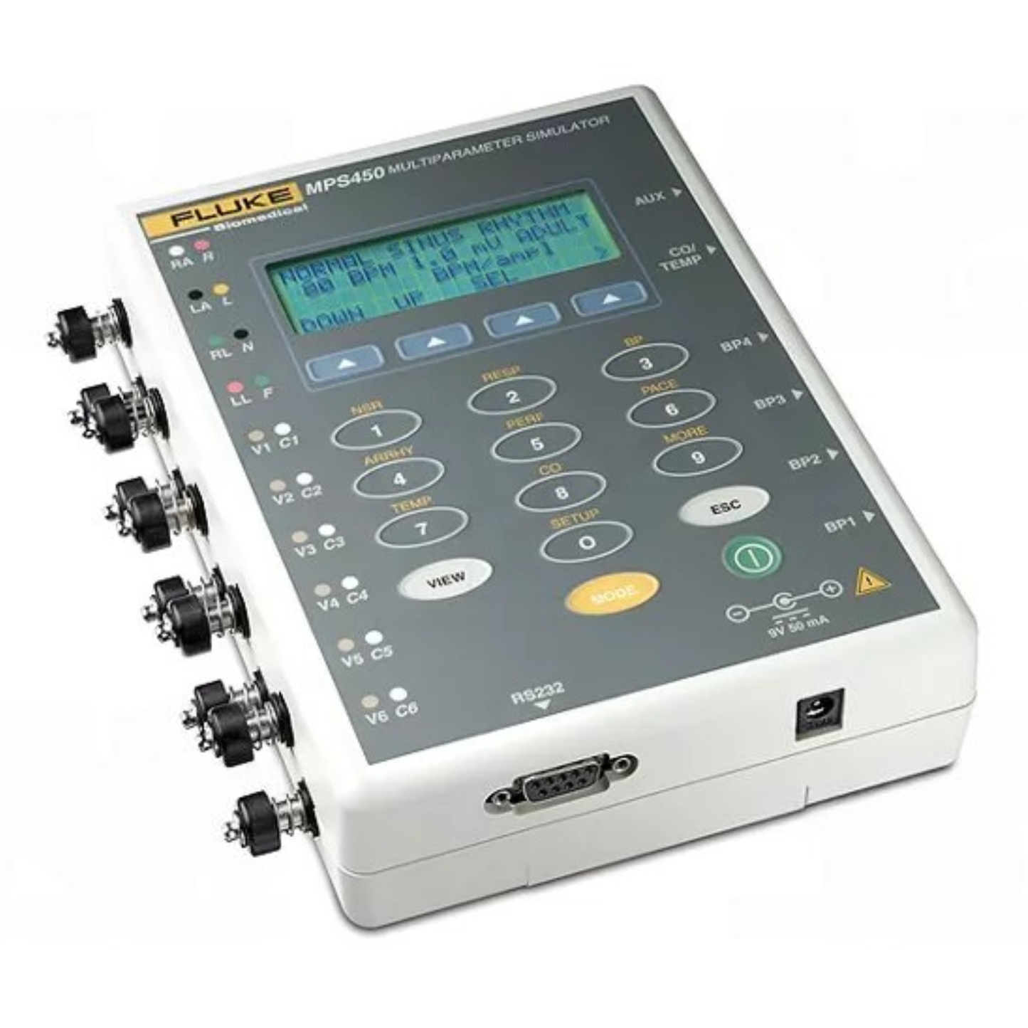 Fluke MPS450 multiparameter simulator for accurate patient monitor testing and biomedical equipment calibration.