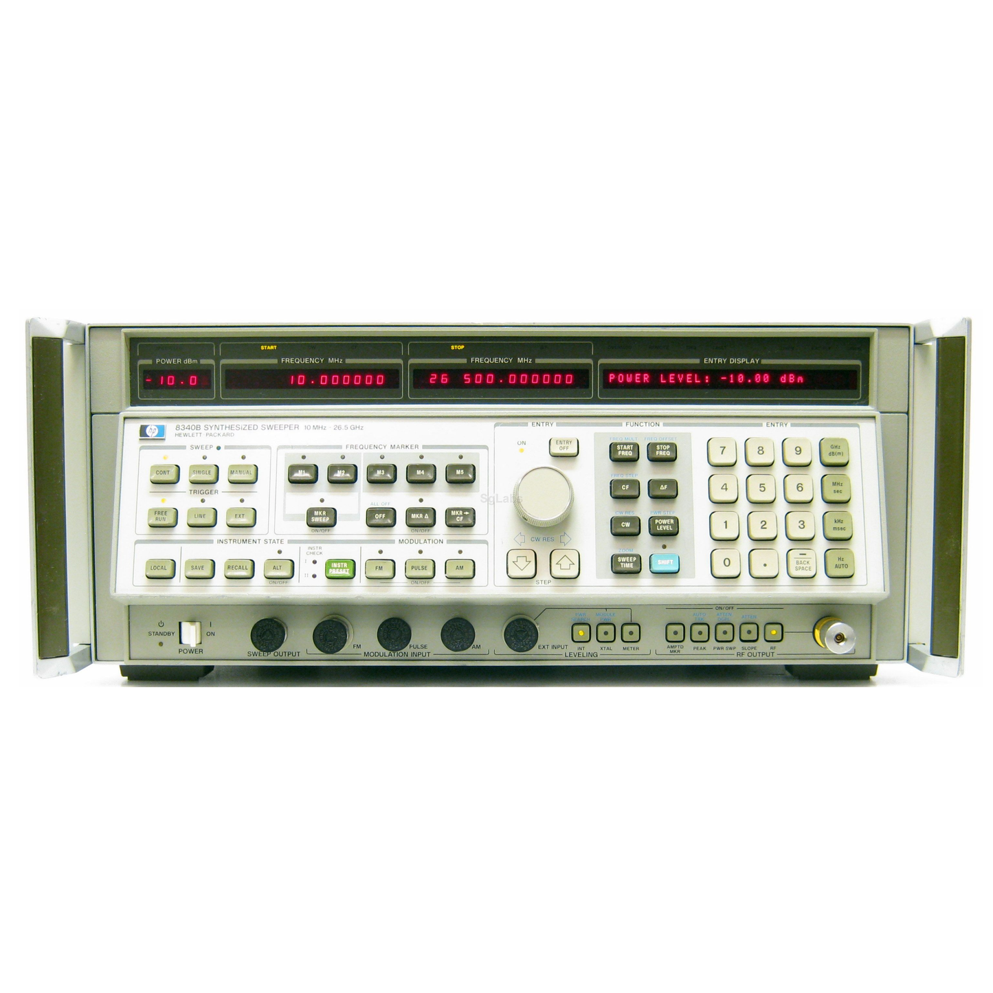 Hewlett Packard 8340B synthesized RF signal generator for accurate frequency generation and RF testing.