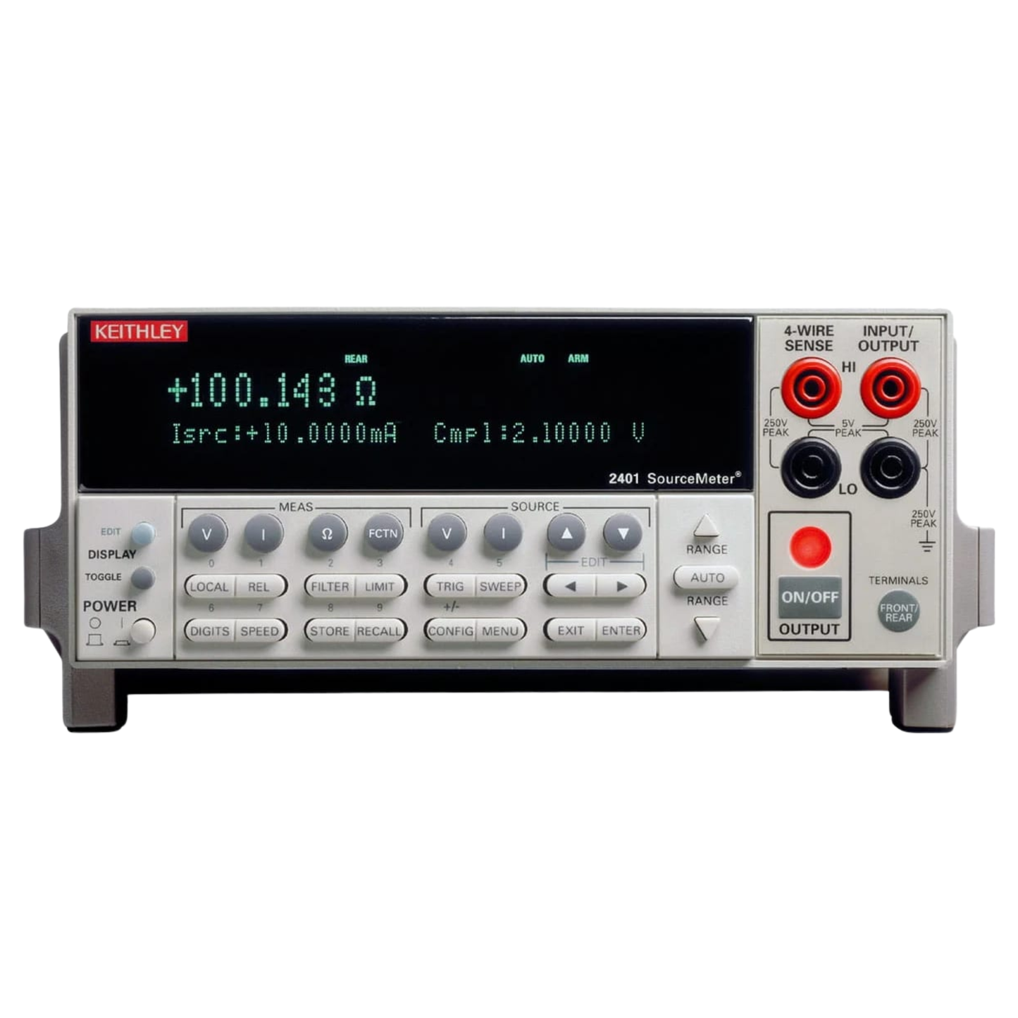 Keithley 2401 SourceMeter for precision voltage and current sourcing and measurement.