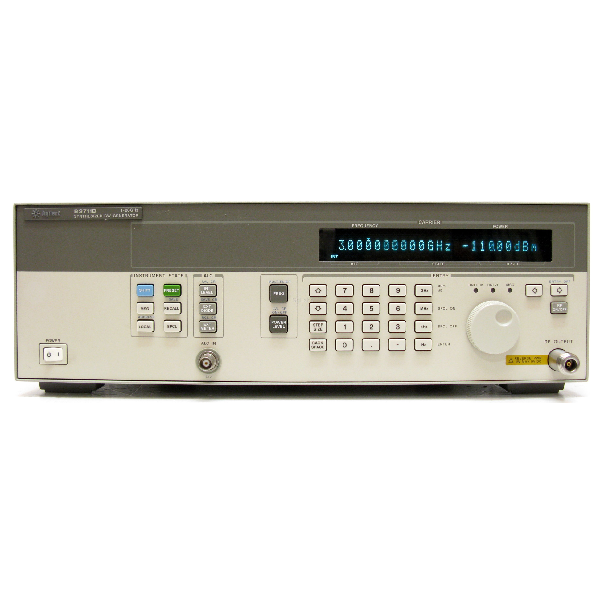 Agilent 83711B synthesized signal generator for RF and microwave testing applications.