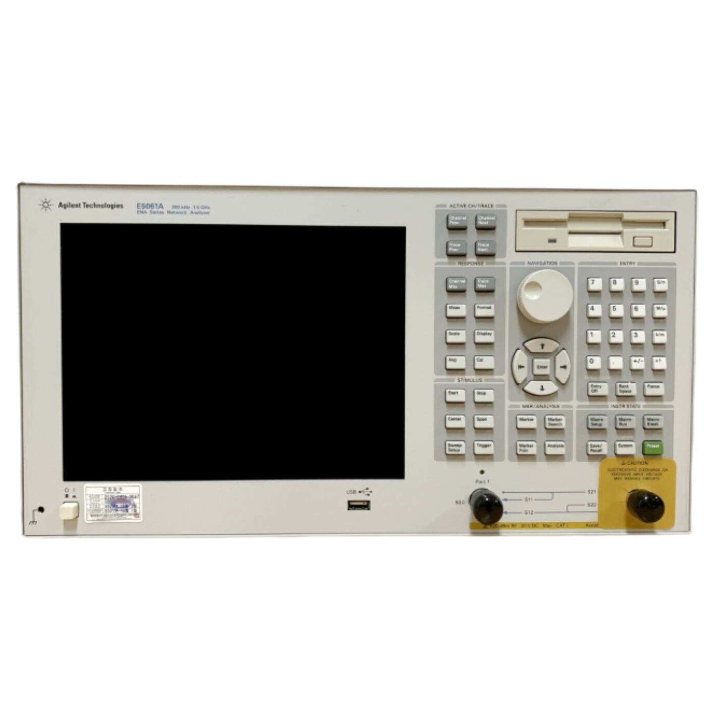 Agilent E5061A network analyzer for precise S-parameter and impedance measurements in RF and microwave applications.