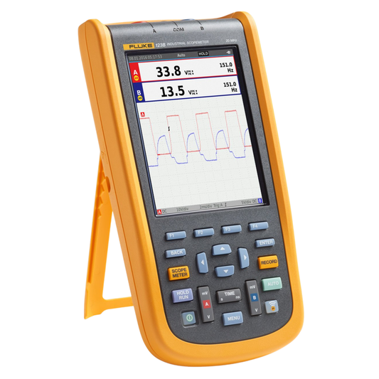 Fluke 123B ScopeMeter handheld oscilloscope and digital multimeter for industrial diagnostics.