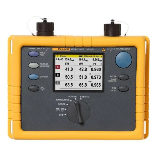 Fluke 1735 three-phase power logger for energy monitoring and electrical load analysis.