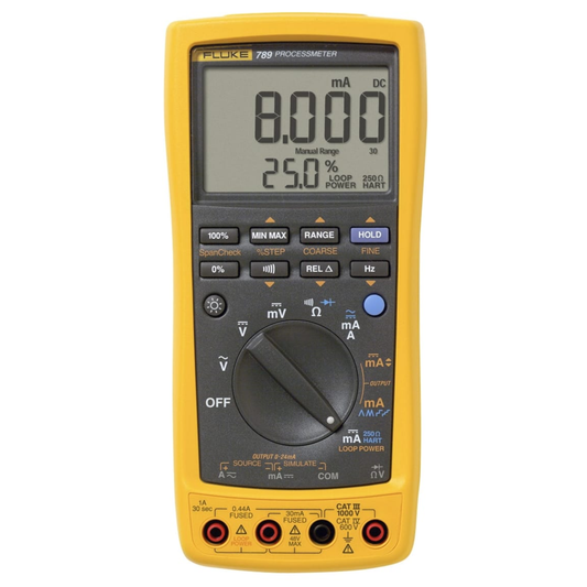 Fluke 789 ProcessMeter loop calibrator and digital multimeter for industrial process control testing.