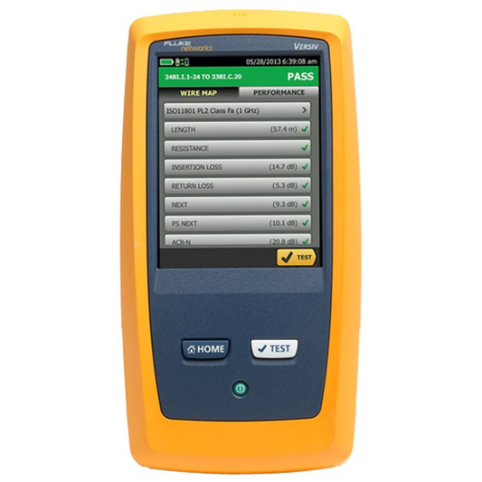 Professional Fluke DSX-5000 CableAnalyzer device used for copper and fiber cable testing, certification, and diagnostics.