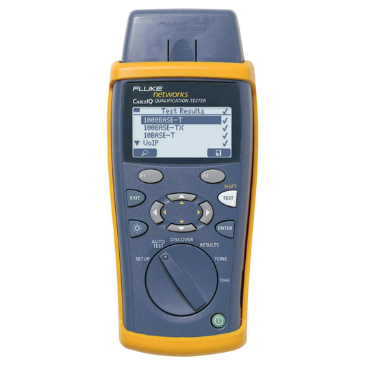 Fluke Networks CIQ-100 CableIQ qualification tester for Ethernet cable bandwidth verification.