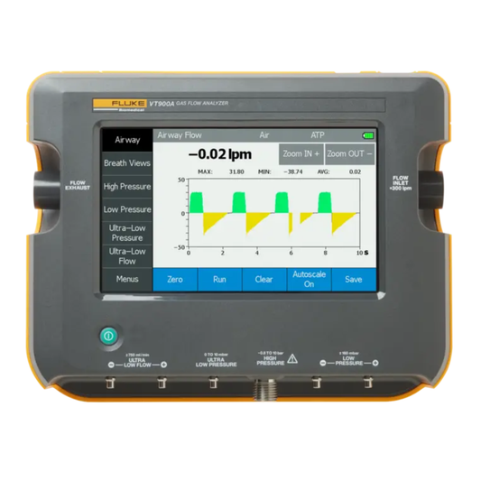 Fluke VT900A gas flow analyzer for professional ventilator and anesthesia machine testing in biomedical environments.