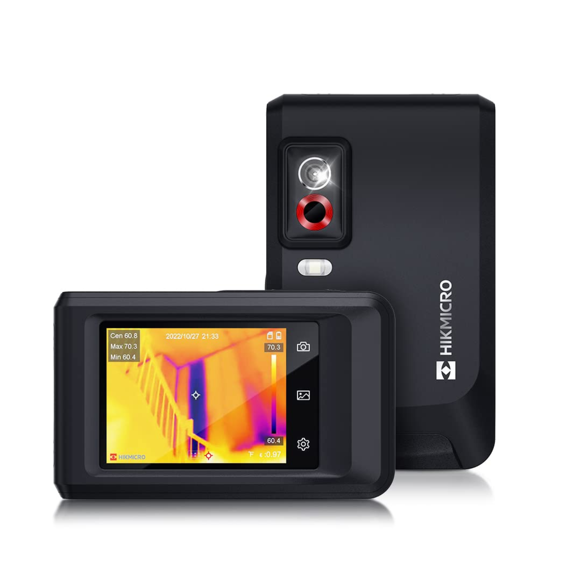 Compact HIKMICRO Pocket2 thermal camera featuring 256x192 infrared resolution, touchscreen display, and WiFi connectivity for professional inspections and diagnostics.