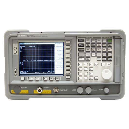 HP Agilent E4408B spectrum analyzer for high performance RF and microwave signal analysis up to 26.5 GHz.
