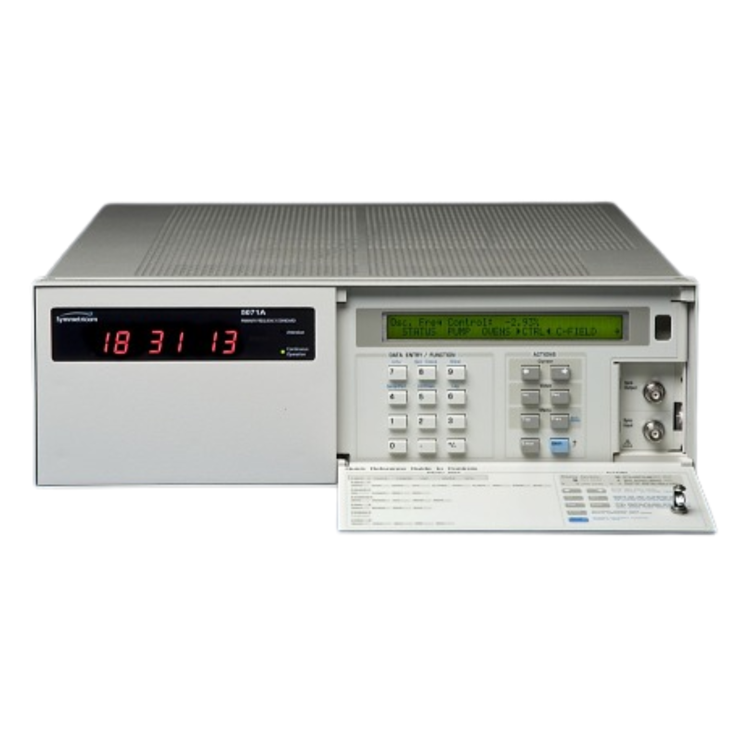 Hewlett Packard 5071A cesium frequency standard atomic clock for precision time and frequency reference.