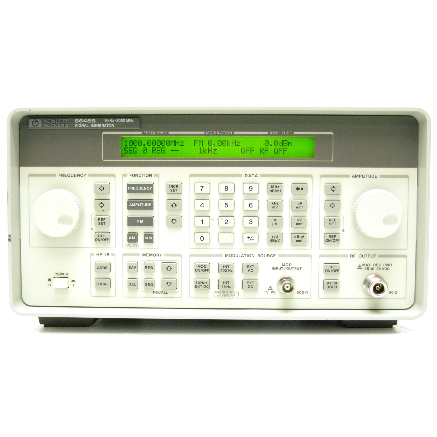 Hewlett Packard 8648B synthesized signal generator for RF testing and communications applications.