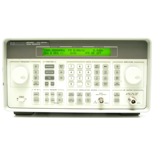Hewlett Packard 8648B synthesized signal generator for RF testing and communications applications.