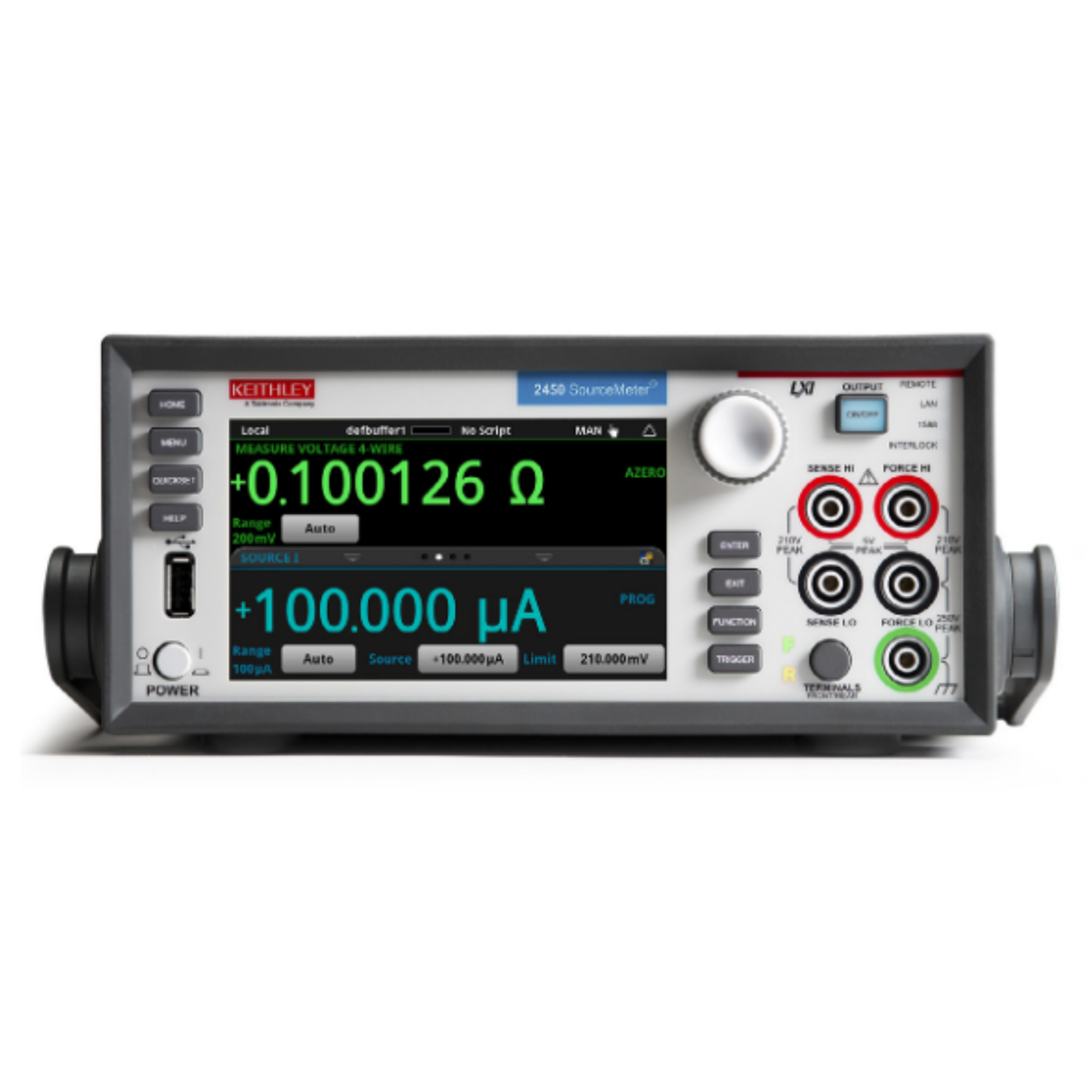 Keithley 2450 SourceMeter SMU designed for precise voltage and current sourcing and measurement, featuring touchscreen interface and advanced lab testing capabilities.