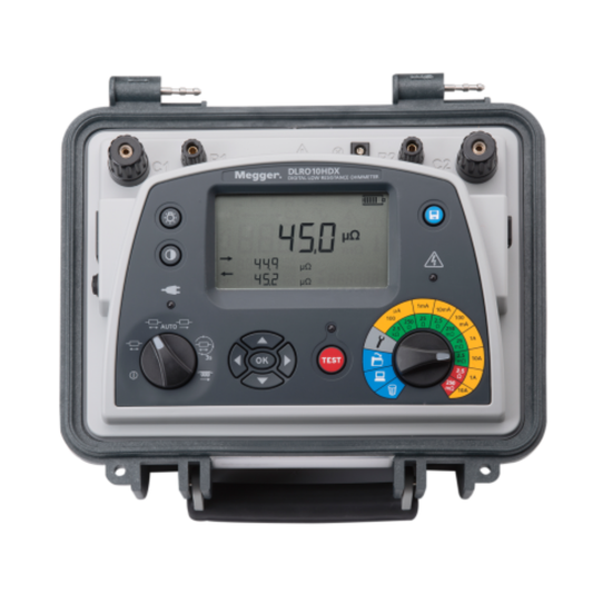 Megger DLRO10HD portable digital low resistance ohmmeter designed for precise micro-ohm measurements in electrical systems, maintenance, and industrial testing.