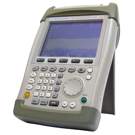 Rohde & Schwarz FSH3 handheld spectrum analyzer covering 100 kHz to 3 GHz for RF testing.